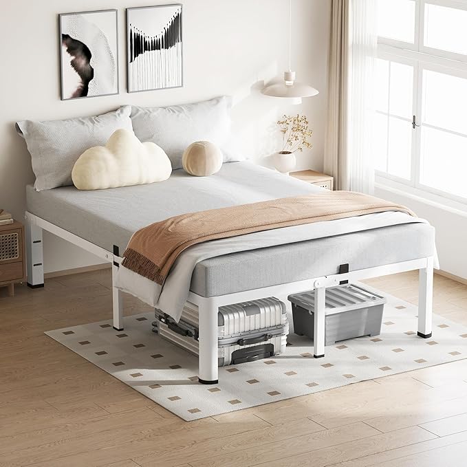 18 Inch Queen Size White Bed Frame, 3500Lbs Heavy Duty Metal Platform with Round Corner Legs Mattress Slide Stopper, Steel Slat Support No Box Spring Needed, Noise Free, Easy Assembly