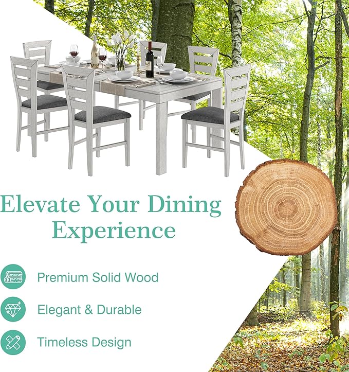 6-Piece Solid Wood Dining Table Set for 6, Modern Breakfast Dinette Extendable Kitchen Table with Chairs for Dining Room, Kitchen, Grey