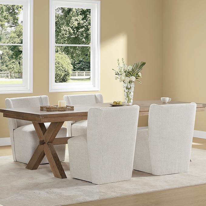 Upholstered Dining Chair with Casters Wingback Modern Side Armless Deskchair with Rollers for Diningroom Bedroom Livingroom Reading Room,Linen,4 Box