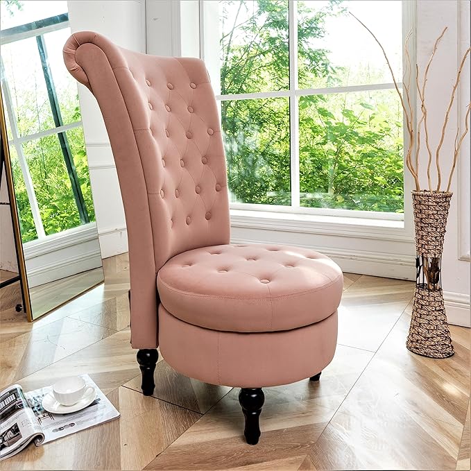 Container Furniture Direct Royal High-Back Velvet Accent Chair for Vanity with Storage and Luxurious Upholstery, Retro Design and Versatile Usage for Living Room, Bedroom, Lounge and Office, Rose