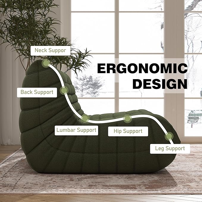 Loveseat Fireside Chair Bean Bag Sofa - Large Bean Bag Chair for Adults & Teens, 2 Seater, High Density Comfortable Foam, Living Room & Bedroom (Green)