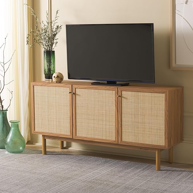 SAFAVIEH Aino TV Stand for up to 60" Flatscreen – Oak Brown with Rattan Mesh, 3 Doors with Interior Storage, Sideboard Cabinet, Entertainment Media Console (MED9618D)