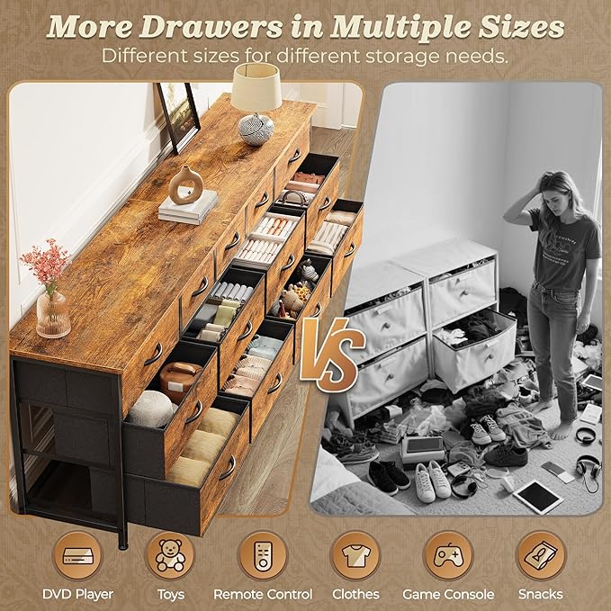 Huuger 70 Inch Dresser for Bedroom, TV Stand for 65, 75, 80 Inch TV, 13 Fabric Drawer Long Dresser, Large Entertainment Center for Bedroom, Wide Chest of Drawer with Storage, Retro Brown