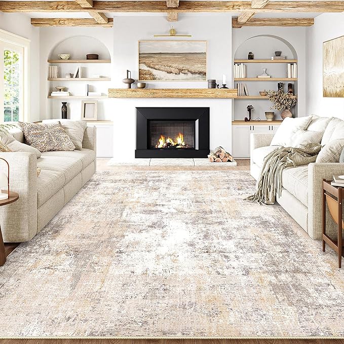 10x14 Washable Area Rug Beige Grey Neutral Abstract Living Room Bedroom Large Throw Rug Non Slip Soft Low Pile Indoor Floor Carpet for Dining Room Kitchen Office Entryway