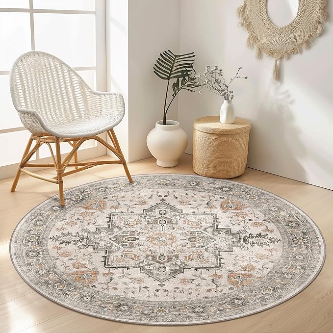 GENIMO 5FT Round Area Rugs for Living Room, Circle Rugs Machine Washable Low Pile, Chenille Non Slip Vintage Rug for Bedroom, Dining Room, Home Office, Light Taupe Brown
