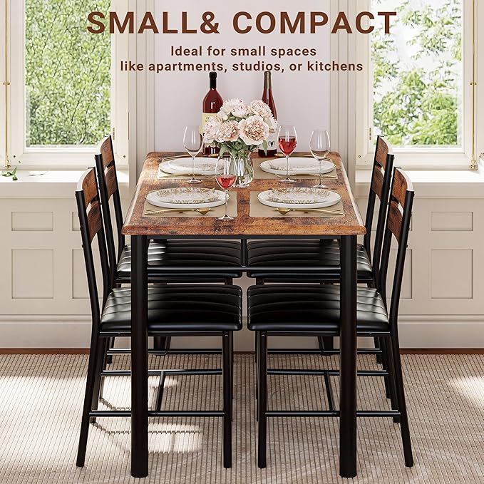 IRONCK Dining Table Set for 4, Wood Kitchen Table with Upholstered Chairs for Kitchen Room and Small Spaces, Rustic Brown