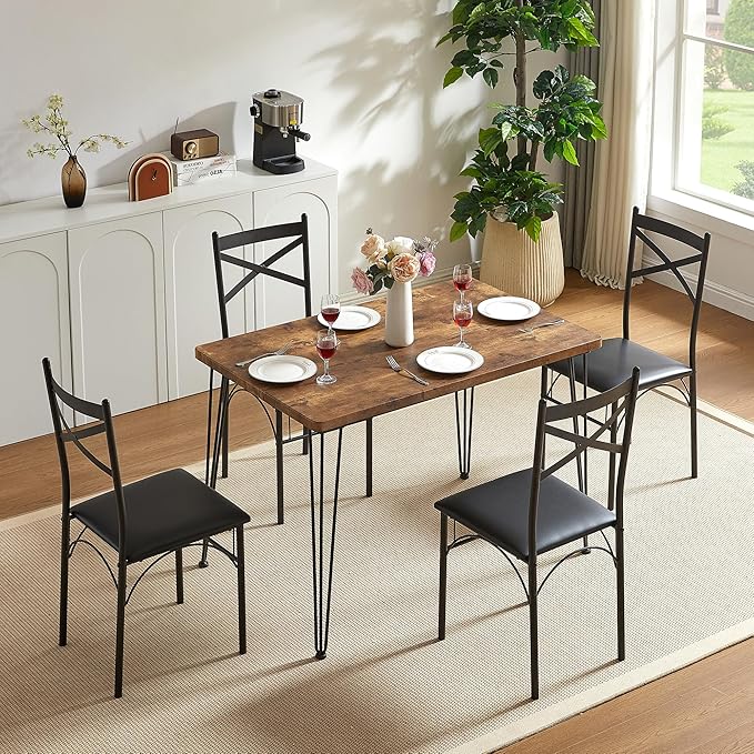 VECELO Kitchen Dining Room Table Set with 4 Chairs for Small Space, Apartment,Metal Steel Frame