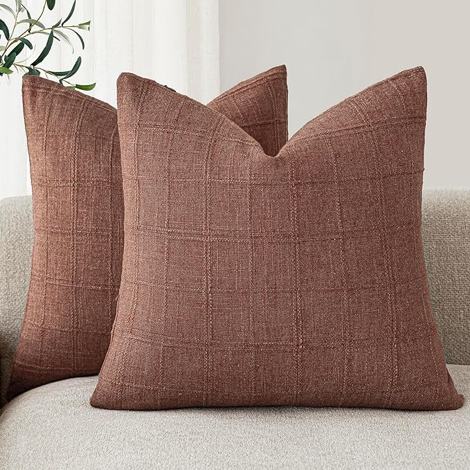 Foindtower Set of 2 Decorative Linen Check Throw Pillow Covers Neutral Farmhouse Vintage Cushion Covers Modern Boho Home Decor for Sofa Chair Couch Bedroom Living Room Outdoor,26×26 Inch,Autumnal Red
