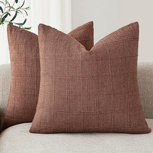 Foindtower Set of 2 Decorative Linen Check Throw Pillow Covers Neutral Farmhouse Vintage Cushion Covers Modern Boho Home Decor for Sofa Chair Couch Bedroom Living Room Outdoor,26×26 Inch,Autumnal Red