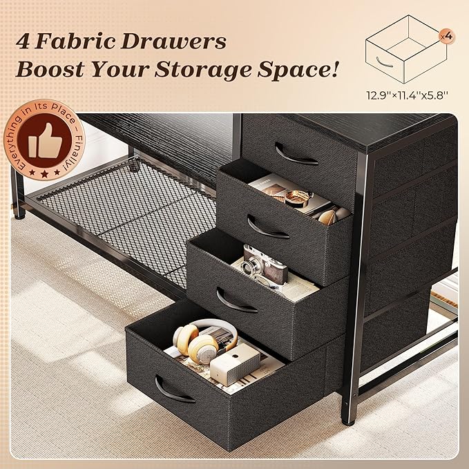 PRAISUN 53" L Shaped Desk with Power Outlets and USB-C Port, Reversible Computer Corner Office Desk with 4 Fabric Drawers and 2 Height-Adjustable Shelves, Large for Gaming Writing Work Study, Black