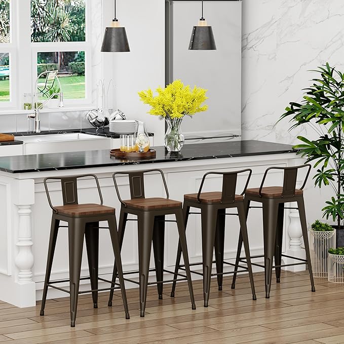 Yongchuang 24 inch Bar Stools Set of 4 Metal Counter Height Bar Stools with Wood Seat Kitchen Low Back Barstools Gunmetal