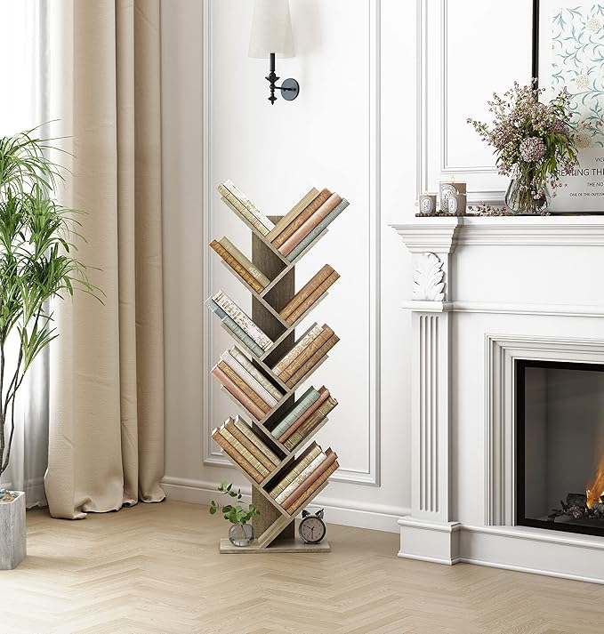 Hoctieon 10 Tier Tree Bookshelf, 10 Shelf Bookcase, Free Standing Tree Bookcase, Display Floor Standing Shelf for Books, Book Organizer Shelves for Home Office, Living Room, Bedroom, Greige