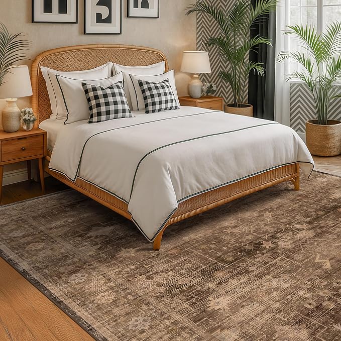 Taupe Brown Living Room Rug 6x9 - Vintage Traditional Eclectic Unique Neutral, Washable Low Pile Non-Slip Large Area Rugs for Dining Under Table Bedroom Lounge