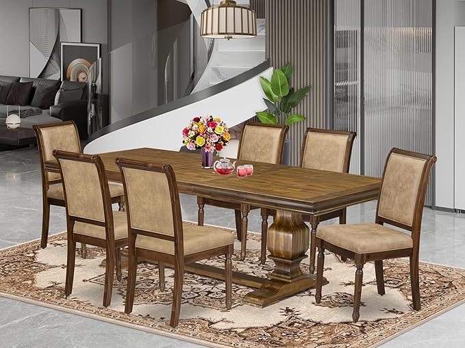 LKCY7-AWA-28 7-Piece Kitchen Table Set Consists of a Dining Table and 6 Beige Polyester Fabric Dinner Chairs with High Back - Antique Walnut Finish