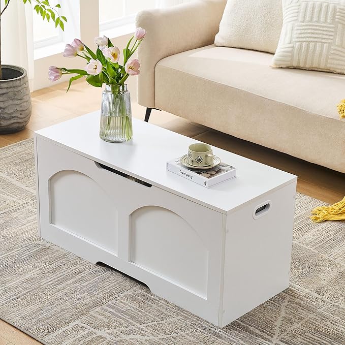 39.4" Storage Chest, Wooden Storage Bench Trunk, Upgraded Safety Lift Support Hinge, Large Entryway Bench Box, Supports 330 lb U-Shaped Opening for Entryway, Hallway, Living Room, White