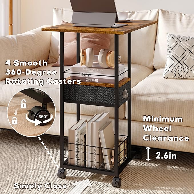 Rolling C-Shaped Side Table with Wheels and Oversized Wood Top, Mobile Overbed Stand with Drawer for Bed or Sofa, Metal Frame Couch Companion for Living Room, Bedroom, or Home Office (Large Desktop)