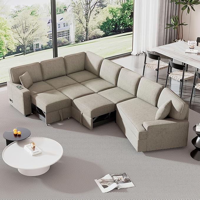 126" Extra Large Pull-Out Sofa Bed with Drop-Down Cup Holder Tables,L-Shaped Sectional Cozy Couch W/Charging Device,Convenient Sleeper Furniture Set for LivingRoom Apartment,Black Chenille