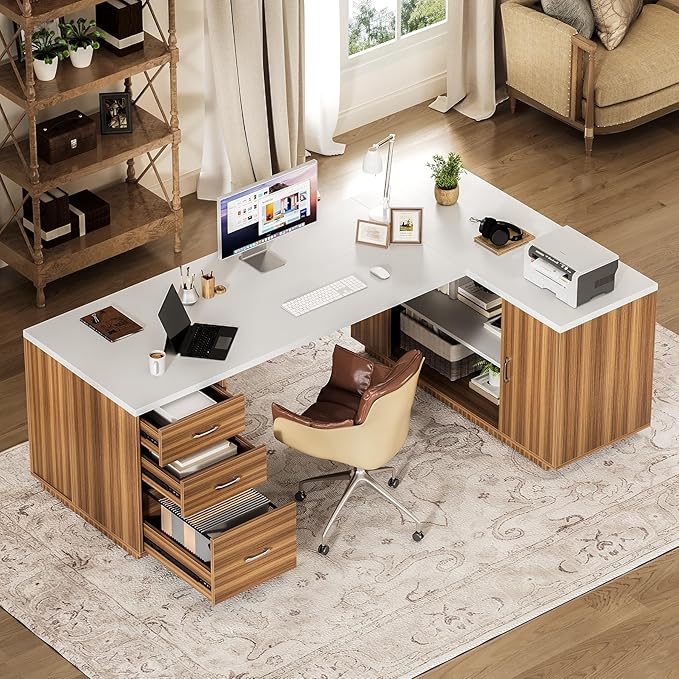 LITTLE TREE 87-Inch Modern Executive Desk with File Cabinet, Large Home Office Desk with Drawers, 3-Drawer Wooden File Cabinet, Spacious Workstation for Home Office (White & Brown)