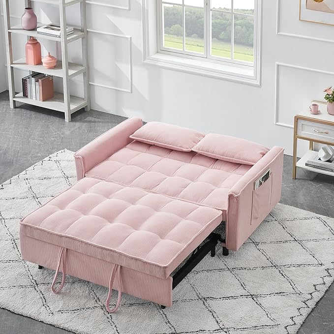 Ball & Cast Convertible Sofa Bed,Loveseat Sleeper Sofa W/Pull-Out Bed,Convertible Pull Out Couch W/2 Pillows,Adjustable Backrest&Side Pocket,Corduroy Futon Couches for Living Room,Apartment,Pink,54"