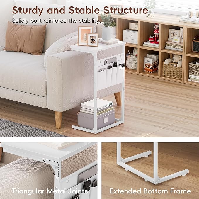 Vagusicc C Shaped End Table, 28'' Tall Side Table for Couch Recliner, Small Couch Side Table, Tall Couch Desk Slide Under Sofa Table TV Tray Arm Tables with Metal Frame for Living Room, Bedroom, White