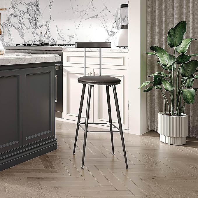 Bar Stools, Set of 2 High Kitchen Barstools, Bar Chairs with Backrest and Footrest, Industrial Counter Stools with PU Soft seat, for Kitchen, Living Room, Pub, Black BS-013BK