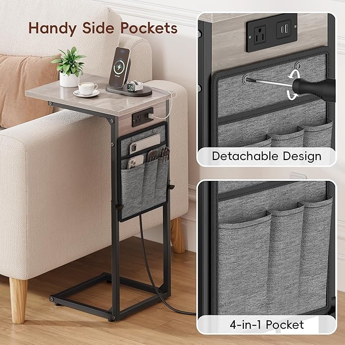 VAGUSICC C Shaped End Table with Charging Station, Adjustable Height Side Table for Couch Recliner, Small Sofa Table with Storage Bag, Slide Under Sofa TV Tray Arm Table for Living Room, Bedroom, Gray