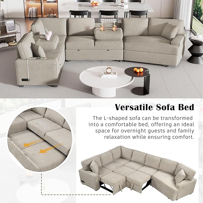 126" Extra Large Pull-Out Sofa Bed with Drop-Down Cup Holder Tables,L-Shaped Sectional Cozy Couch W/Charging Device,Convenient Sleeper Furniture Set for LivingRoom Apartment,Black Chenille