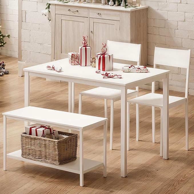 sogesfurniture 4-Piece Bench Style Dining Table Set, 4-Person Space-Saving Dinette for Kitchen，43'' Wood Kitchen Table & Chair Set for Breakfast Nook and Small Space, White