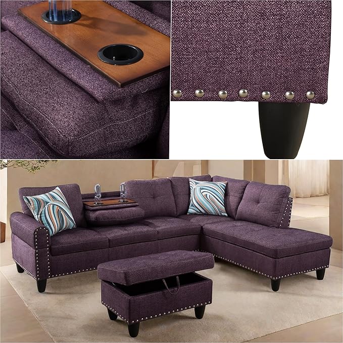 L Shaped Sectional Couches, Modular Sectional Sofa with Ottoman Storage, Nail-Head Design Lounge Sofa with Reversible Cup Holder for Living Room, Bedroom, Purple