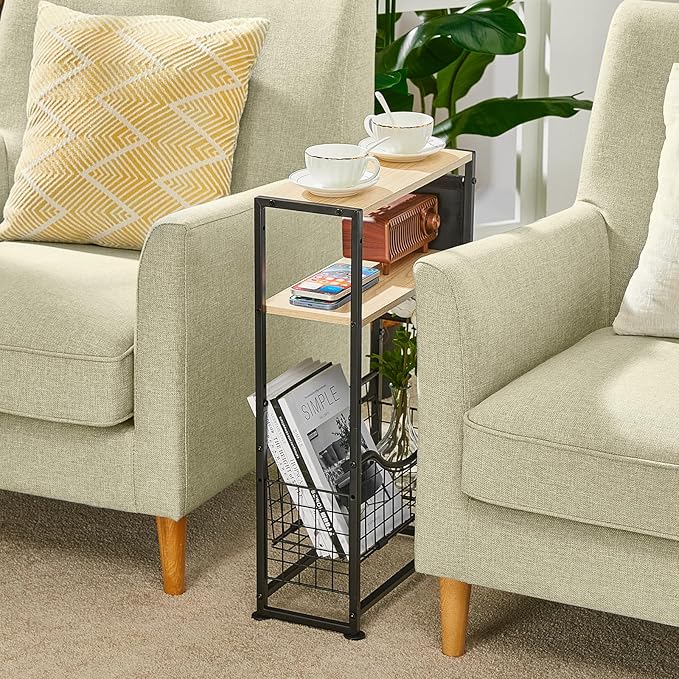 Narrow Side Table, Skinny Small End Tables with Magazine Holder, 3 Tier Small Sofa Side Table for Smalls Spaces, Sofa Couch Tables Bedside Table for Living Room Bedroom Office
