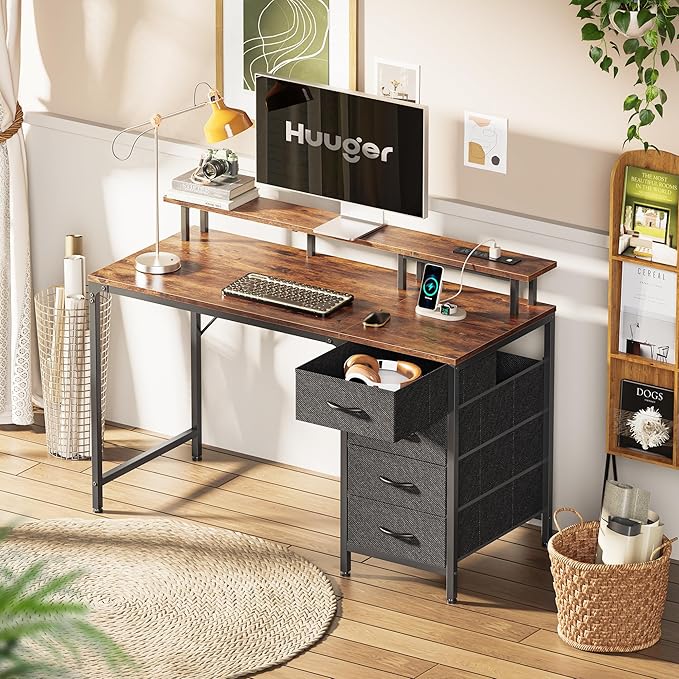 Huuger 47 Inch Computer Desk with Power Outlets and LED Lights, Gaming Desk with 4 Drawers, Office Desk with Monitor Stand, Study Work for Home Office, Small Spaces, Rustic Brown