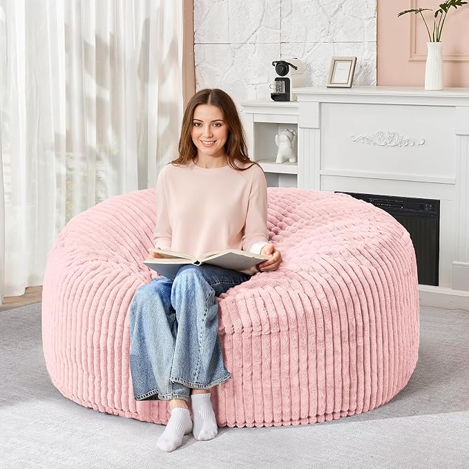 HABUTWAY 4FT Bean Bag Chair, 4' Large Bean Bag Chairs for Adults with Removable Stripe Plush Cover, Memory Foam Beanbag Chair for Living Room Bedroom Dorm (Tender Pink)