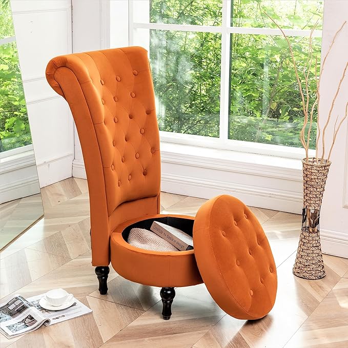 Container Furniture Direct Royal High-Back Velvet Accent Chair for Vanity with Storage and Luxurious Upholstery, Retro Design and Versatile Usage for Livingroom, Bedroom, Lounge and Office, Red Orange