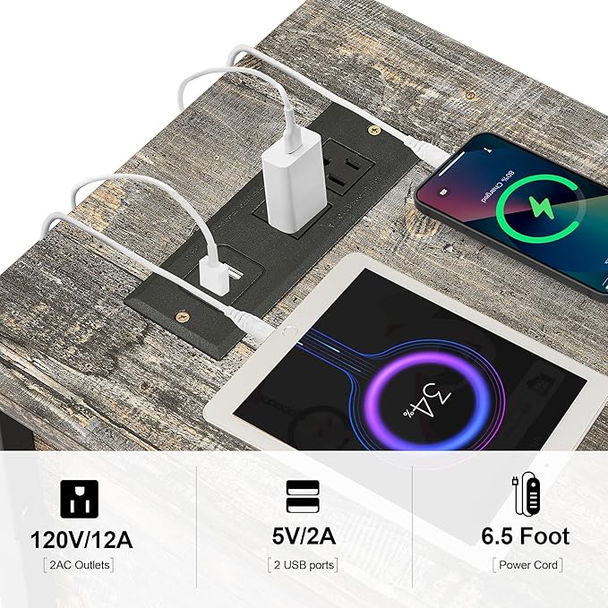 VECELO End Tables,Narrow Nightstands with Charging Station & USB Ports &Drawers,Night Stand for Living Room, Bedroom,Graylish
