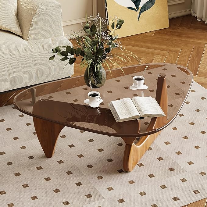 Glass Coffee Table for Living Room Mid Century Modern Triangle Center Table with Wooden Base, Brown/Walnut