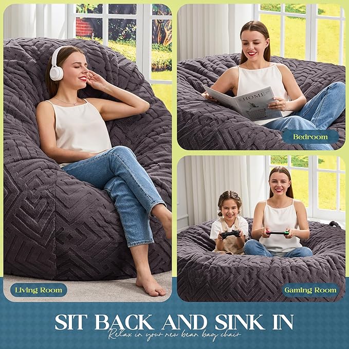 Hobestluk Bean Bag Chairs Adults Beanbag Chair with Filler Large Bean Bags with Fluffy Embossed Cover, Giant Bean Bag Chairs for Adults (Dark Grey, 3FT - 36” x 36” x 22”)