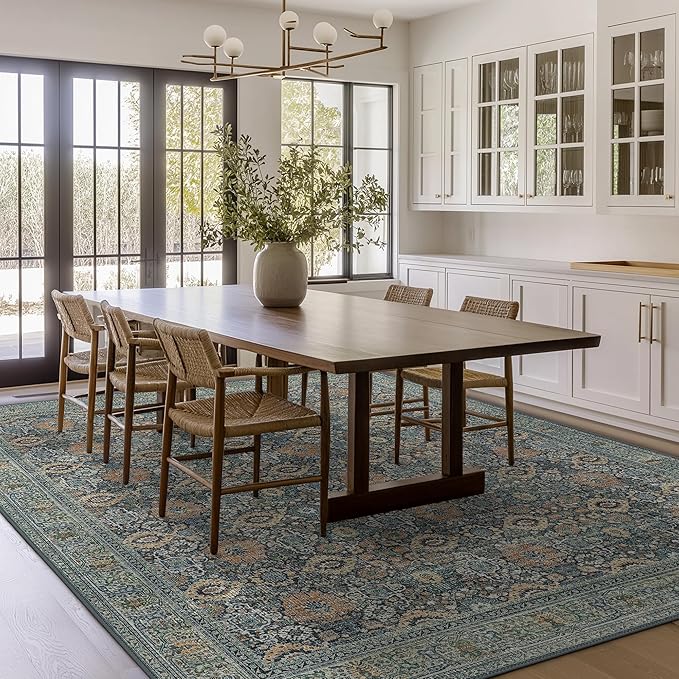8X10 Area Rugs Machine Washable Rugs for Living Room, Vintage Boho Large Rugs for Bedroom Dining Room, Non Slip Indoor Soft Distressed Lightweight Thin Low Pile Carpet, Beige Blue Grey