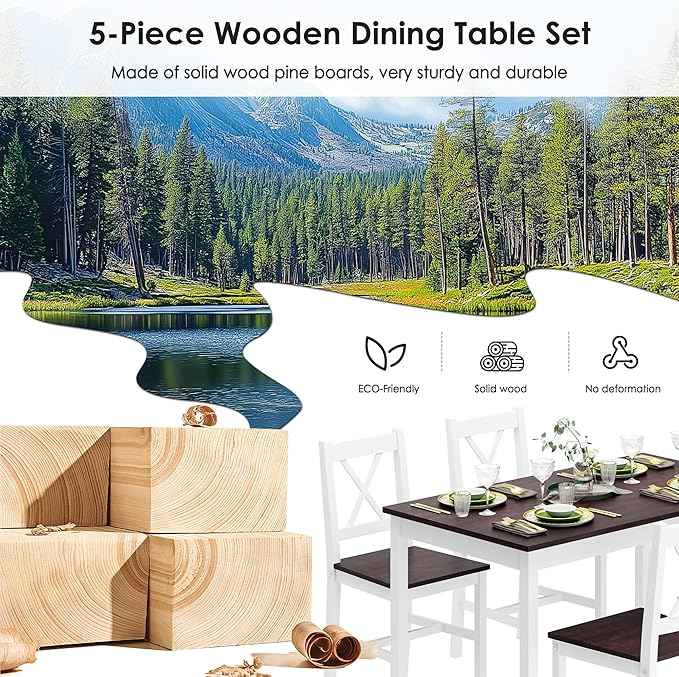soges Kitchen Dining Table Chairs Set for 4, 42.5 inch Pine Wood Dining Room Table with 4 Chairs, 5-Piece Kitchen Table Chairs Set for Small Space, Apartment, Dinette, Breakfast, Walnut & White