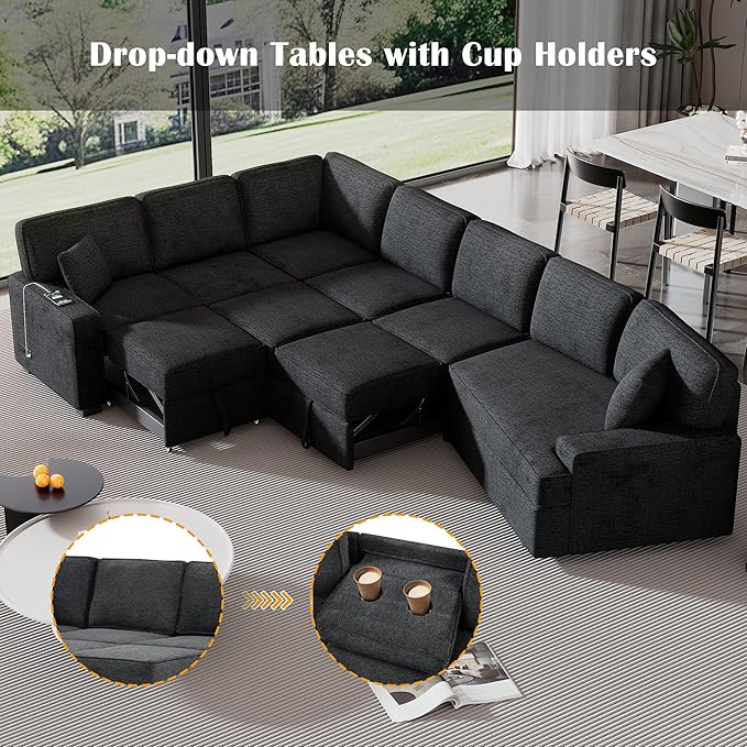 126" Extra Large Pull-Out Sofa Bed with Drop-Down Cup Holder Tables,L-Shaped Sectional Couch W/Charging Device,Convenient Sleeper Furniture Set for LivingRoom Apartment,Beige Chenille