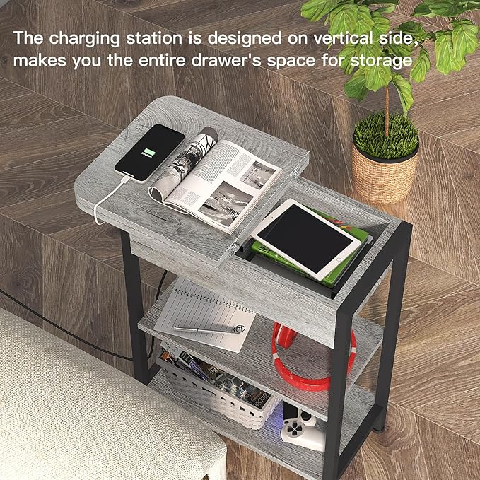 LIDYUK End Table with Charging Station, Set of 2 Flip Top Narrow Side Table for Small Spaces, Nightstands Set of 2 for Bedroom, End Tables Living Room with Storage Shelves, Light Grey