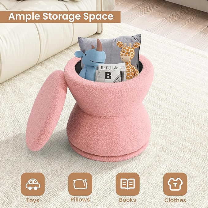 Round Ottoman with Storage, 360° Swivel Boucle Ottoman Vanity Stool, Upholstered Footstool with Storage Removable Lid, Modern Footrest Coffee Table for Living Room, Dorm, Makeup Room, Pink