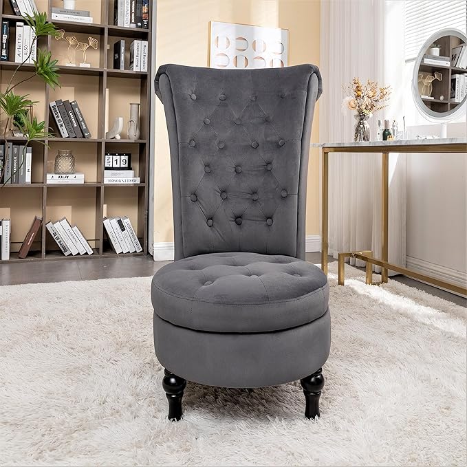 Container Furniture Direct Royal High-Back Velvet Accent Chair for Vanity with Storage and Luxurious Upholstery, Retro Design and Versatile Usage for Livingroom, Bedroom, Lounge and Office, Grey