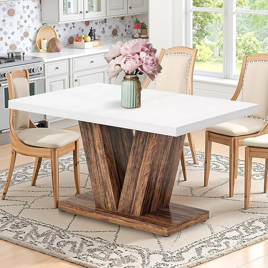 Dining Table for 4-6, 47" Farmhouse Dinner Table with with Wooden Tabletop and Heavy Duty Pedestal Wooden Rectangular Kitchen Tables for Dining Room, Kitchen, Living Room, White & Brown