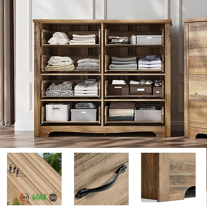 LINSY HOME 8 Drawers Dresser for Bedroom, 47" Wide Wood Dressers & Chests of Drawers, 40" Tall Modern Farmhouse Storage Dresser with Antique Handles for Closet, Living Room, Hallway, Rustic Brown