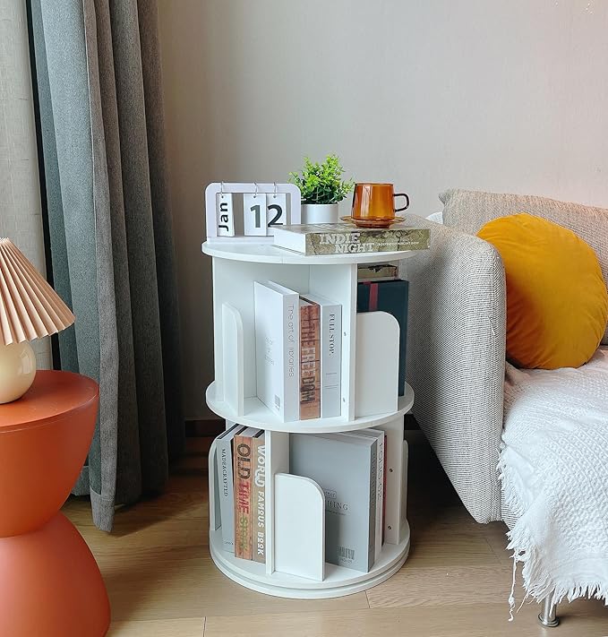 Heehee Wooden Rotating Bookshelf 360 Display Floor Standing Bookcase Storage Rack for Kids&Adults Multi-Functional Bookshelf Organizer (White (2-Tier))