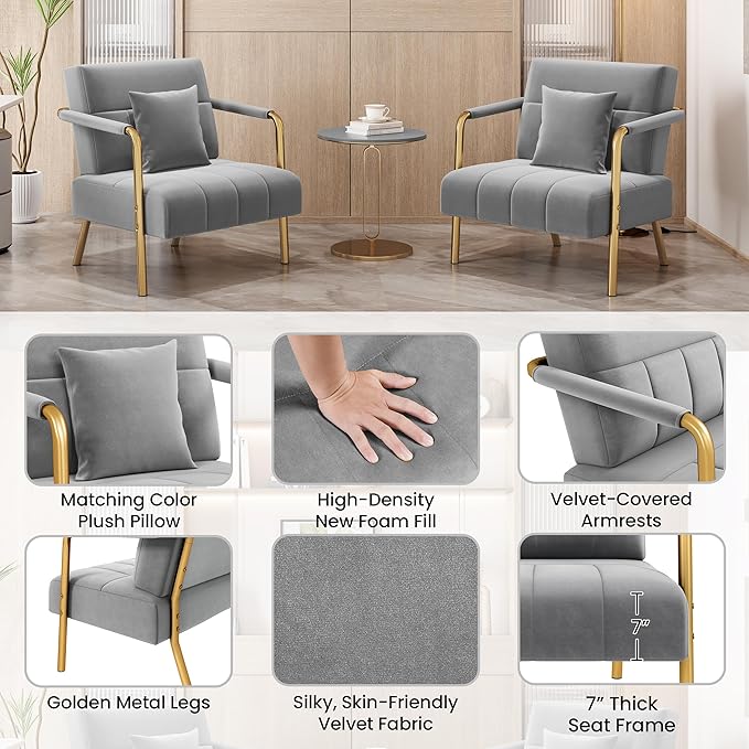 Yaheetech 30" W Modern Sofa Small Sofa Luxurious Velvet Fabric Couch with Gold-Tone Metal Arms and Legs for Living Room, Home Office, Studio Light Gray