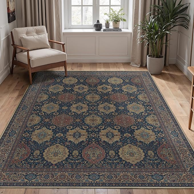 8X10 Area Rugs Machine Washable Rugs for Living Room, Vintage Boho Large Rugs for Bedroom Dining Room, Non Slip Indoor Soft Distressed Lightweight Thin Low Pile Carpet, Navy Tan