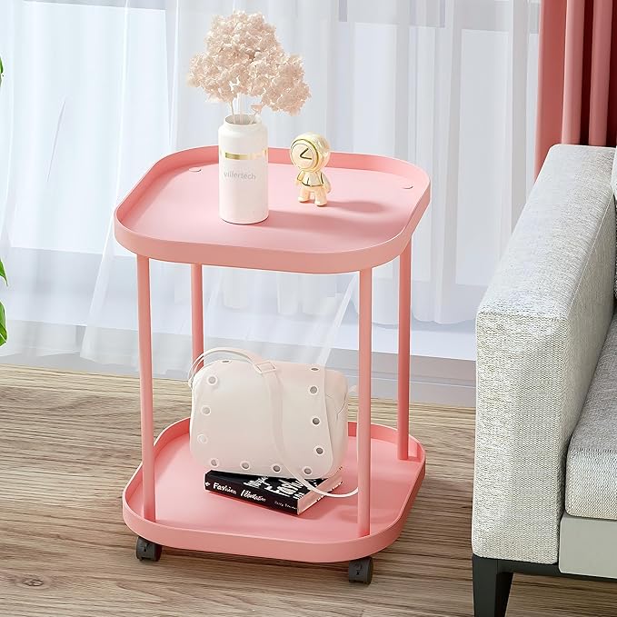 Side Table with Wheels, End Table Living Room Plastic Mobile Sofa Side Table Small Night Stand Bedroom Pink (2 Pack)