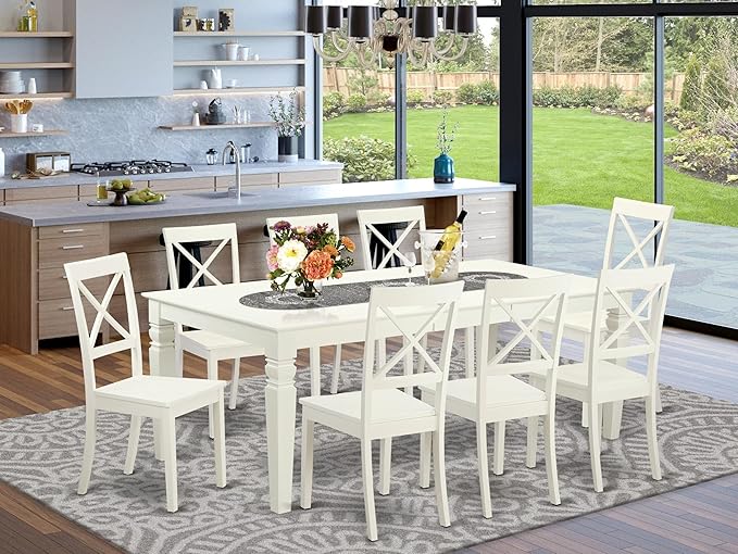 East West Furniture LGBO9-LWH-W 9 Piece Kitchen Table & Chairs Set Includes a Rectangle Dining Table with Butterfly Leaf and 8 Dining Room Chairs, 42x84 Inch, Linen White