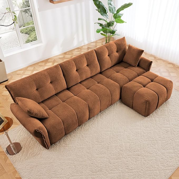 Modern Chenille Fabric 3-Seat Sofa w/Ottoman+2 Pillows, Premium Upholstery Living Room Couch with Tufted Backrest & Comfortable Armrests and High-Resilience Memory Foam Cushions,Orange